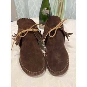 Taos Native Moccasins Ankle Bootie Slippers Women's Brown Leather Fringe Size 8